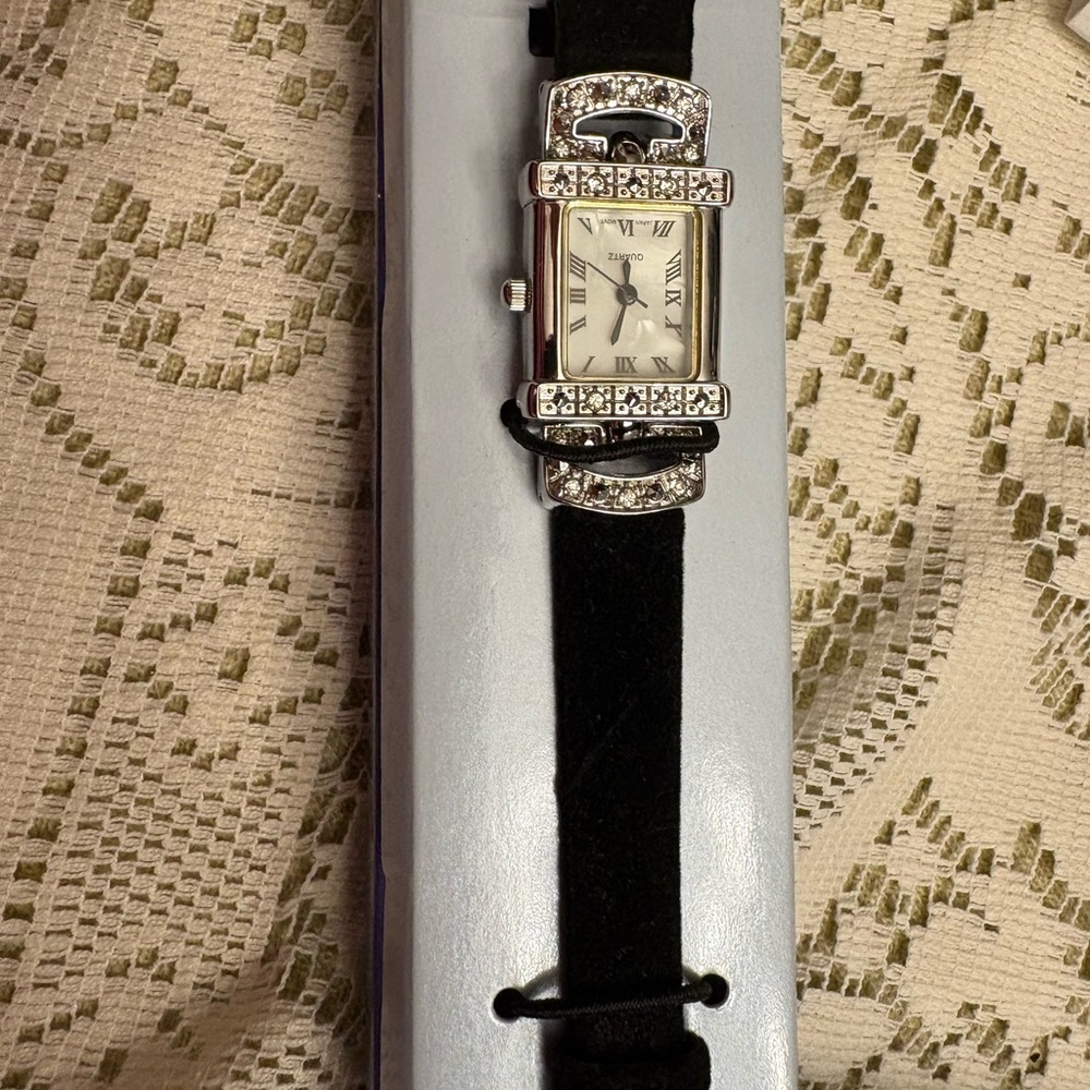 Elegant Silver and Black Watch with Crystal Accents
